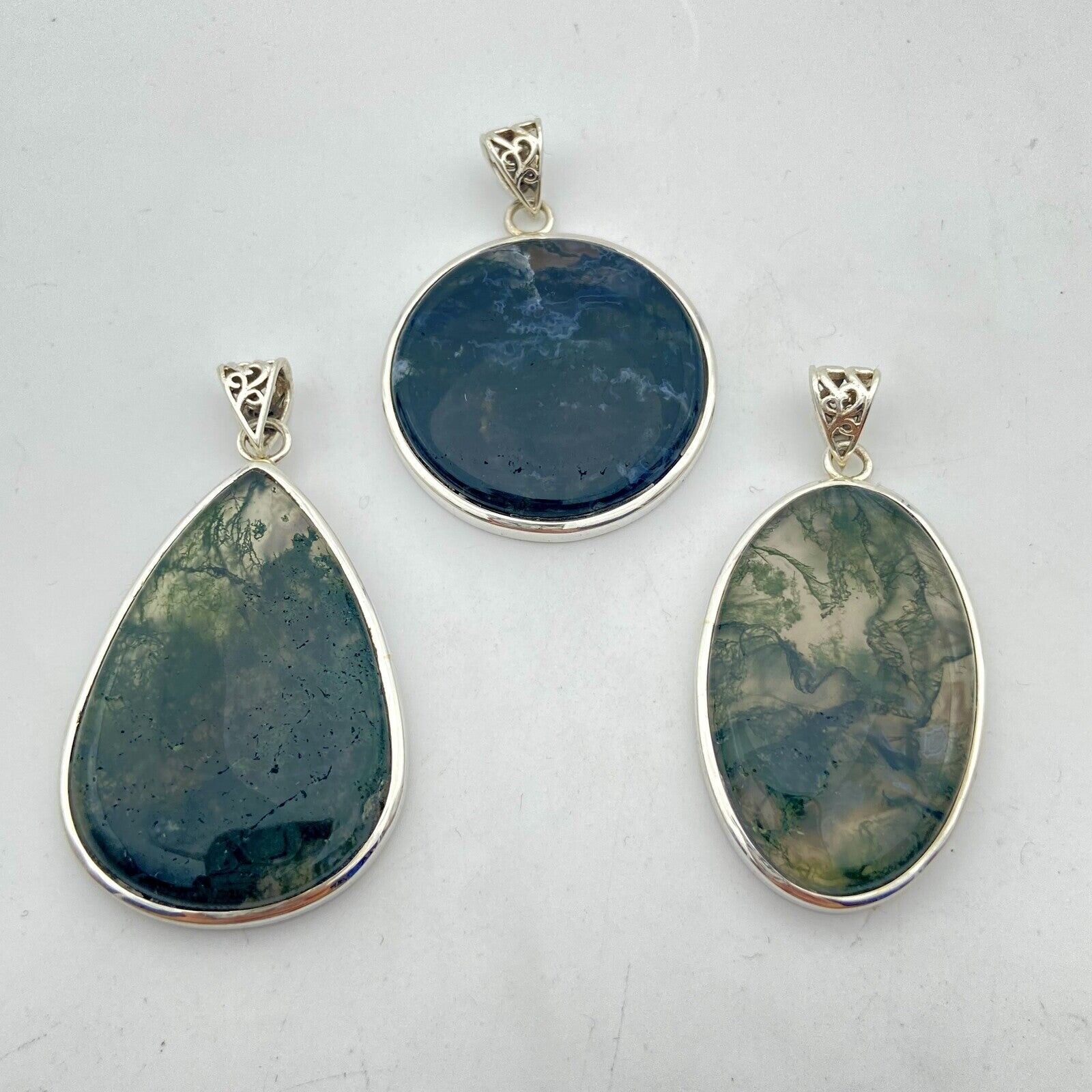 Set of 3 Silver Pendants - Moss Agate #3