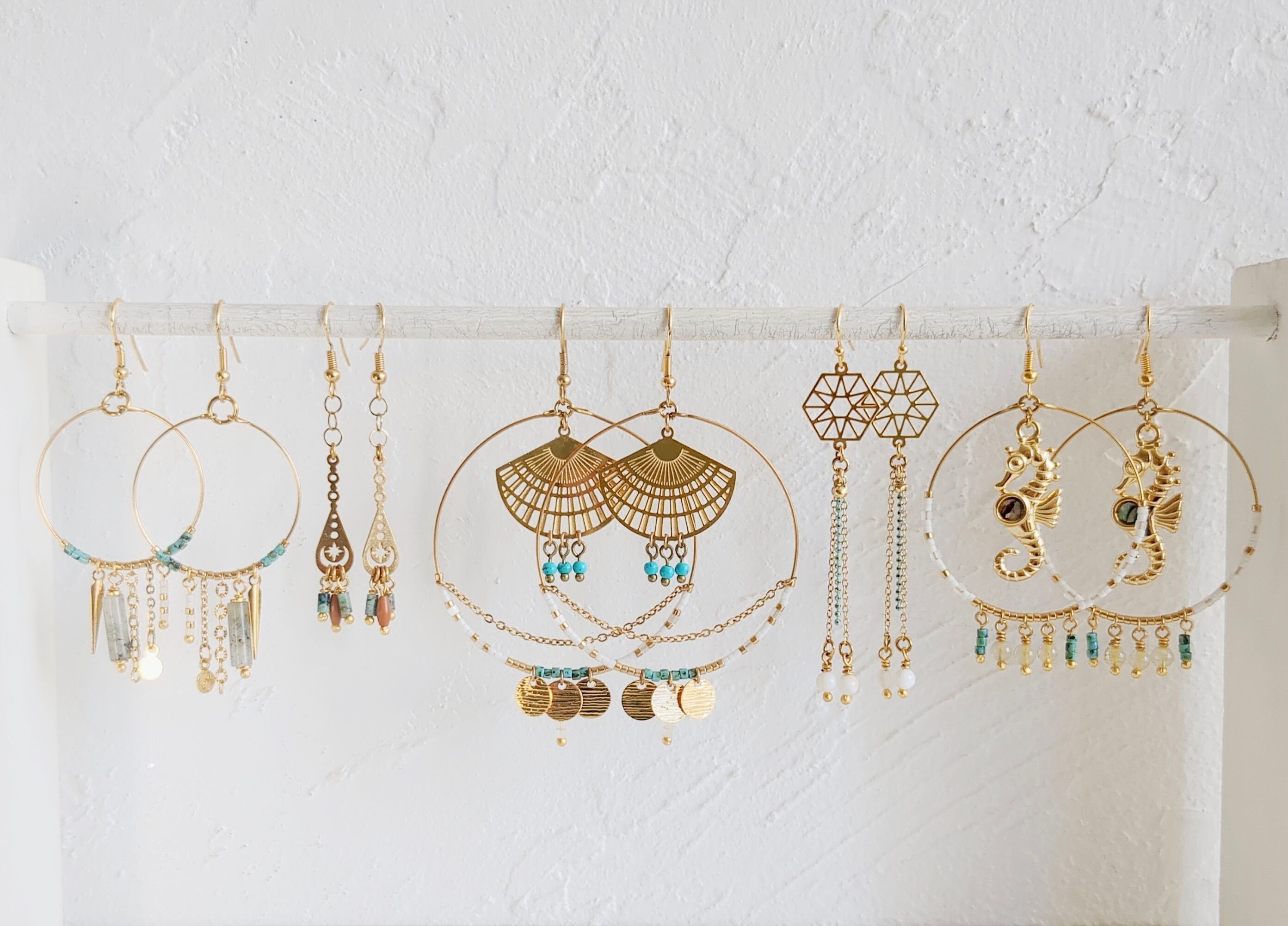 Gold, shell and turquoise earring series BO-10