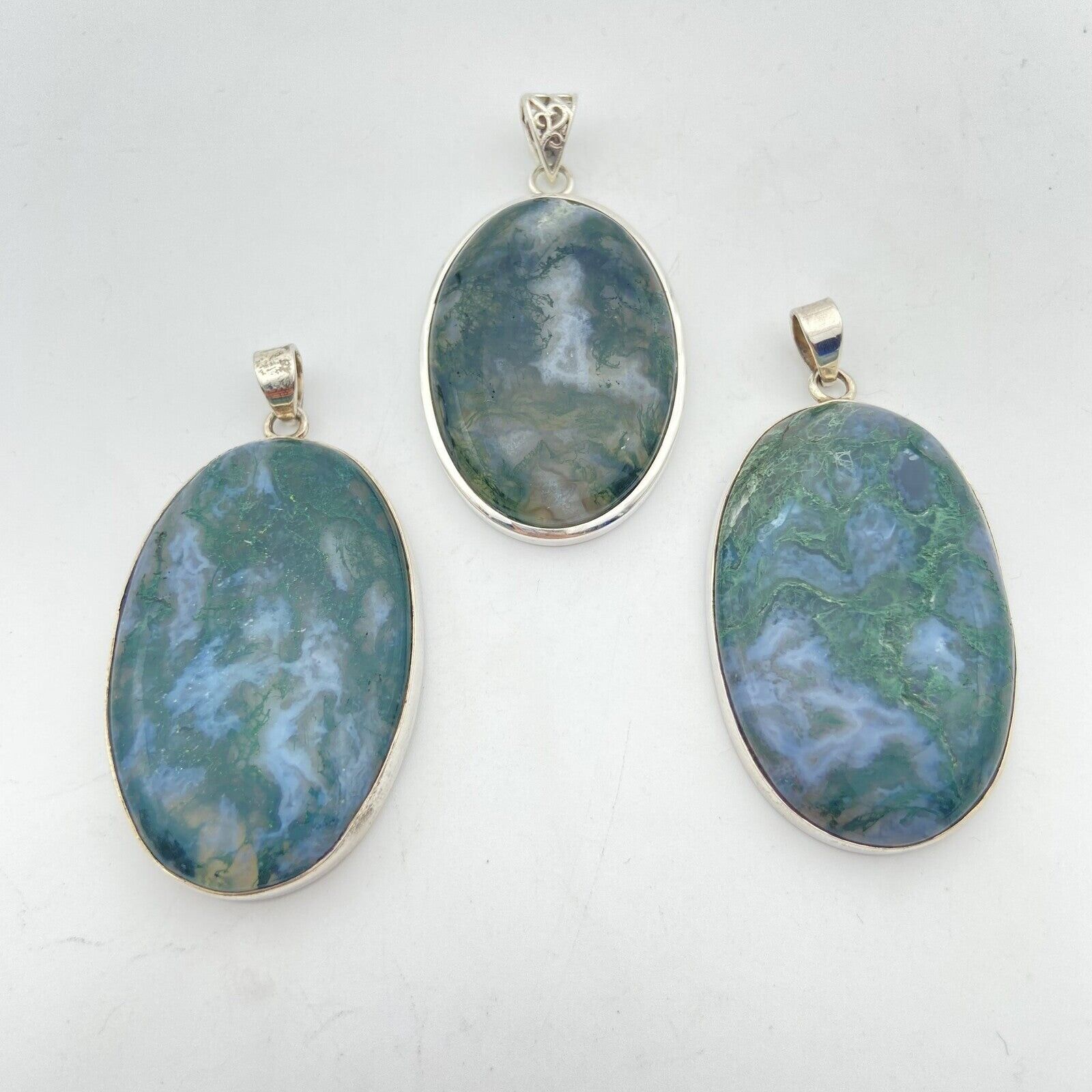 Set of 3 Silver Pendants - Moss Agate #2