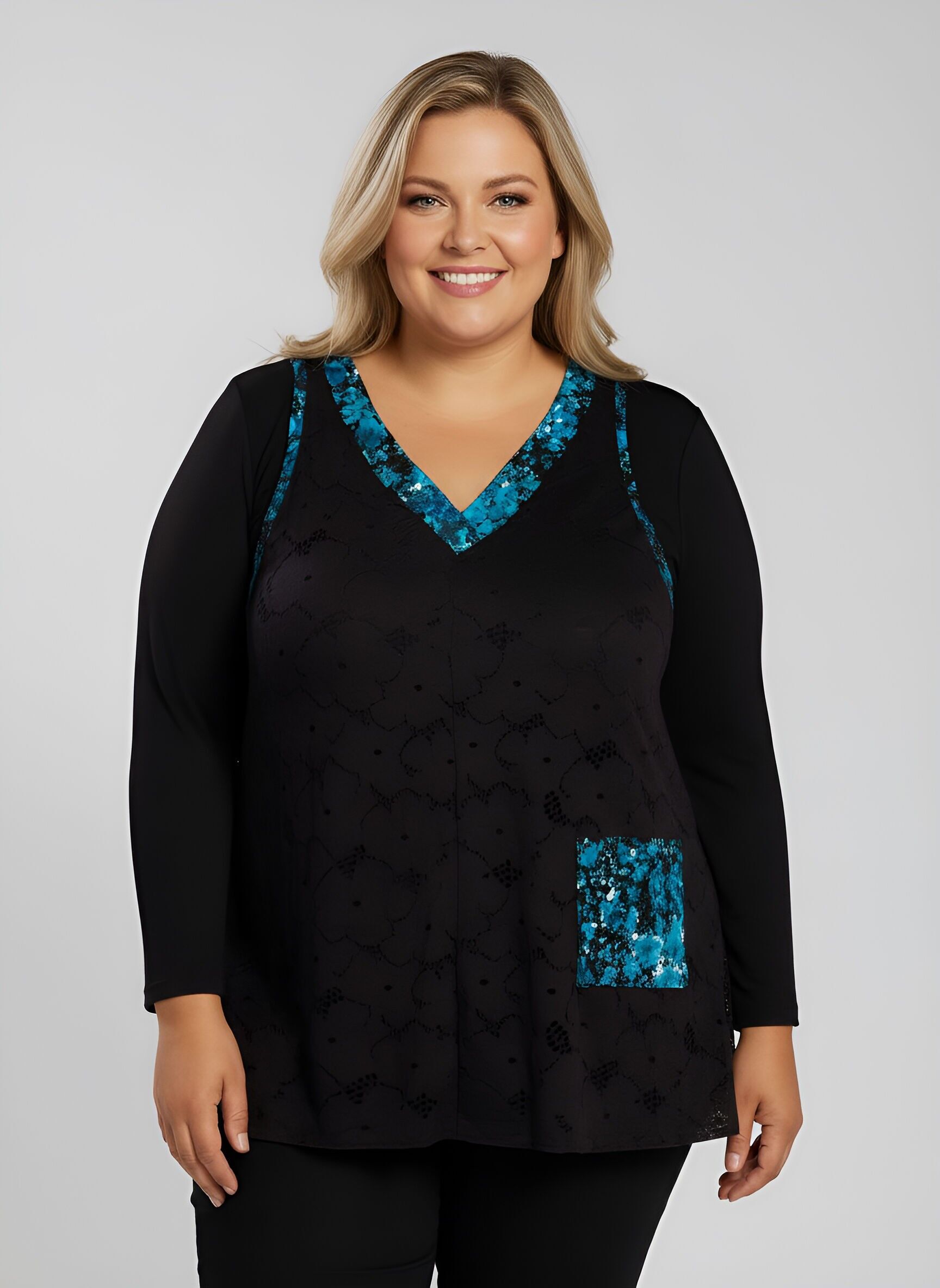 Ensemble sous pull + top dentelle bleu grande taille (A622)