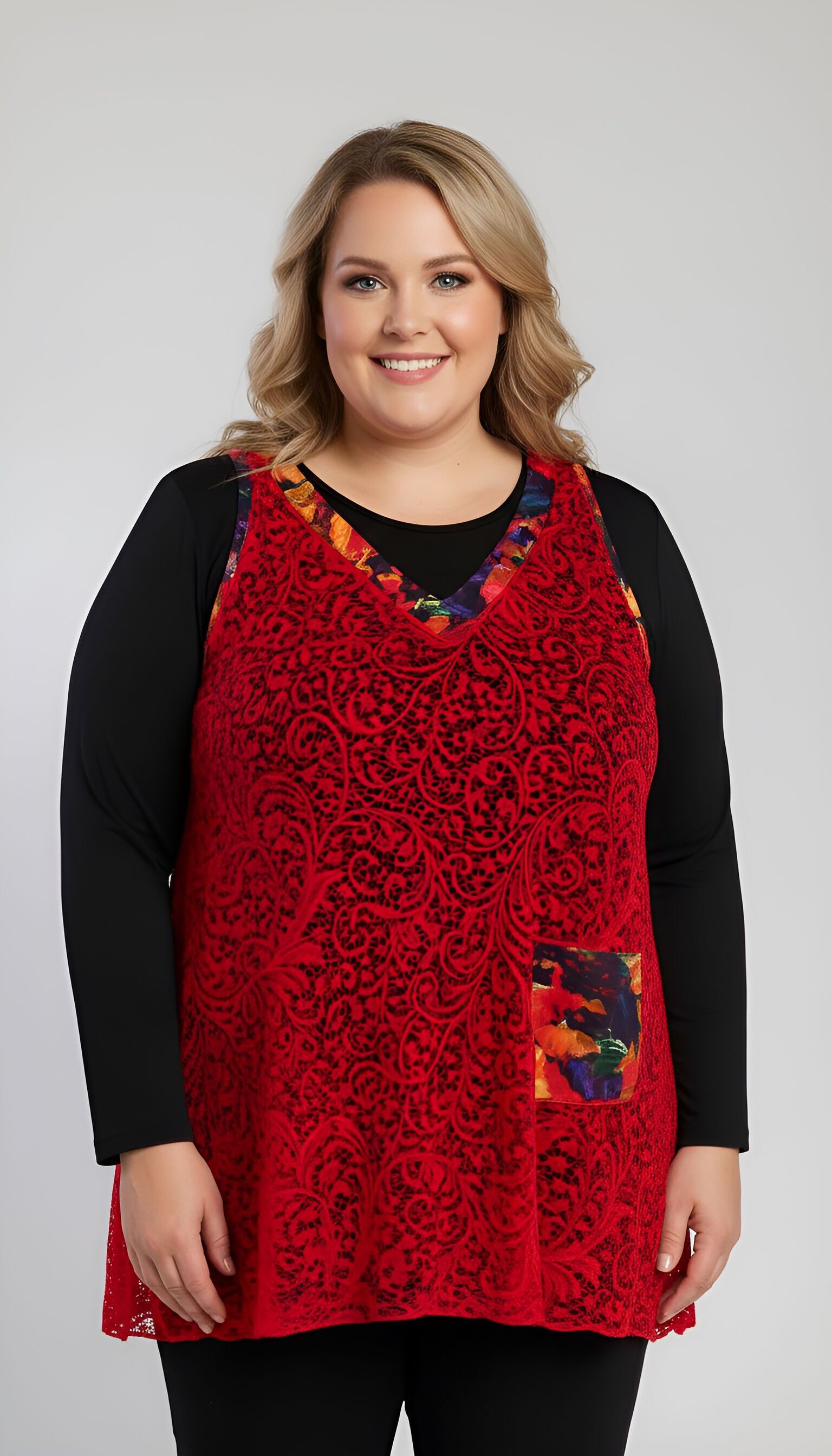 Ensemble sous pull + top dentelle rouge grande taille (A622)