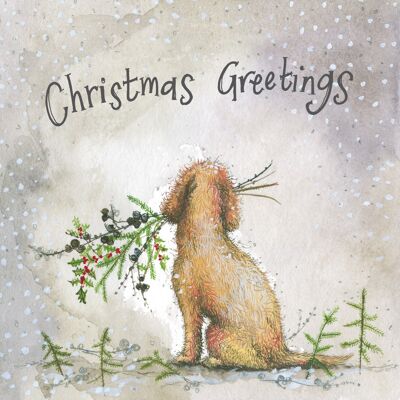 Christmas Greetings Dog and Larch Christmas Card Pack (Pack of 5 Cards)