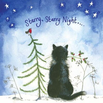 Starry Night, Cat and Holly Christmas Card Pack (Pack of 5 Cards)