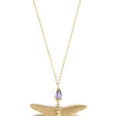 Collier long libellule plaqué or 18 carats avec goutte de cristal Tanzanite