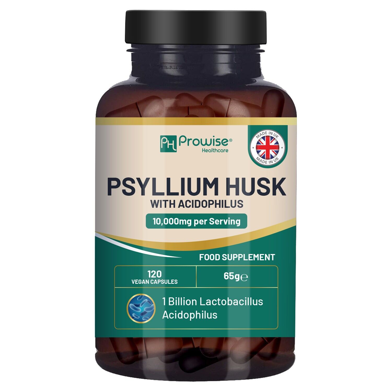 Psyllium (10 000 mg) avec 1 milliard d’UFC d’acidophilus, 120 gélules végétaliennes | Complément alimentaire de fibres solubles naturelles issues de graines de Plantago ovata. Fabriqué au Royaume-Uni par Prowise Healthcare.