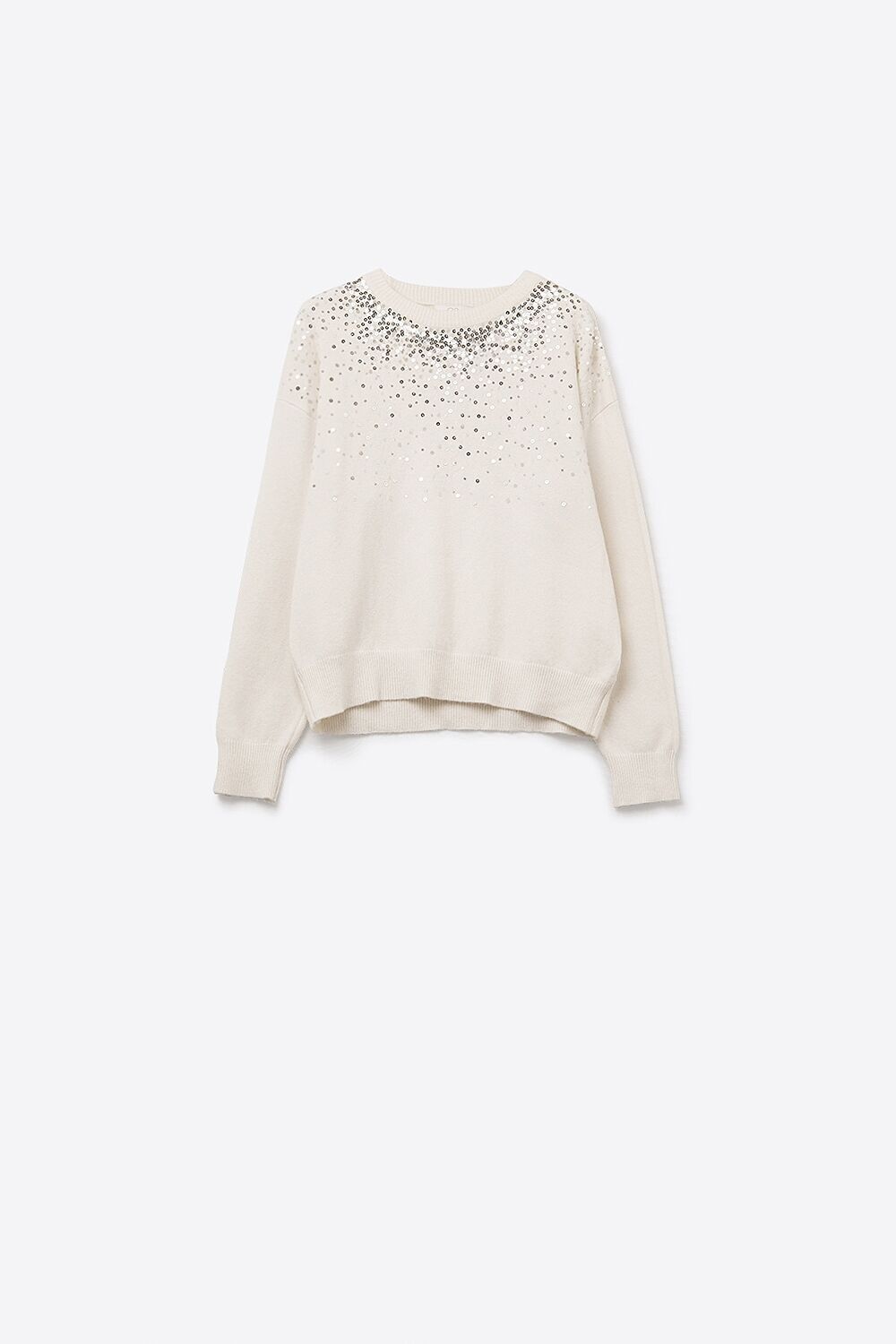 White soft knit sweater embellished with sequins on the front
