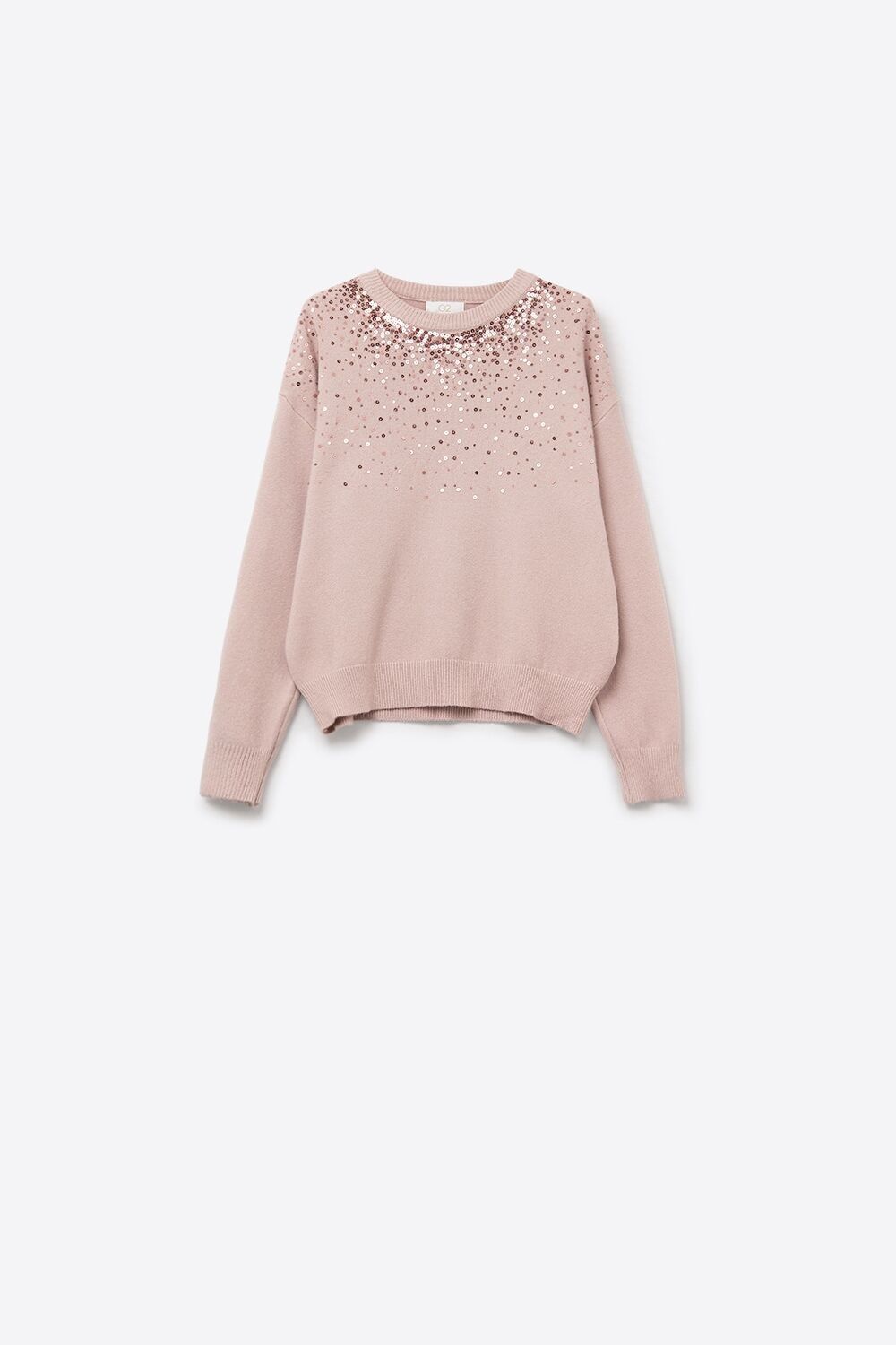 Pink soft knit sweater embellished with sequins on the front