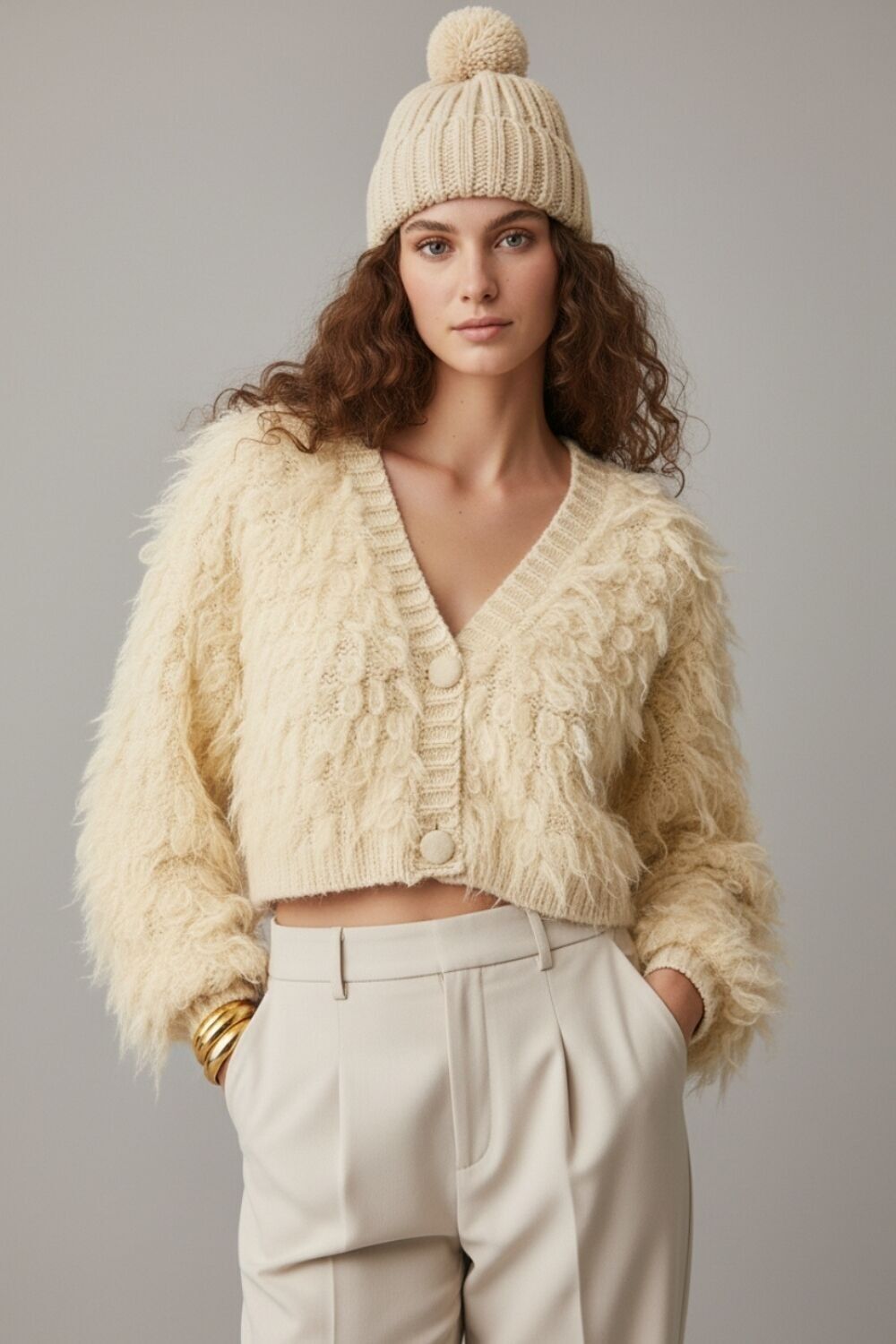 Cardigan lavorato a maglia soffice in stile Chunky Shag color crema