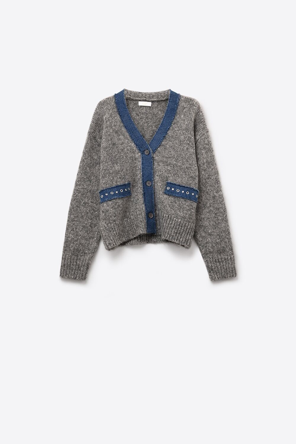cardigan grigio con dettagli in tessuto denim