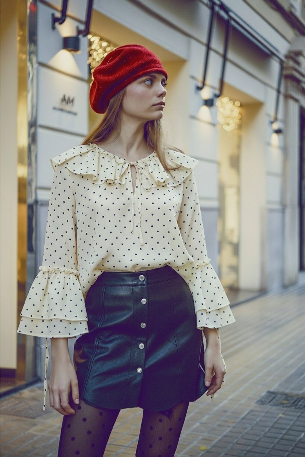 Camicetta a pois con volant e maniche svasate