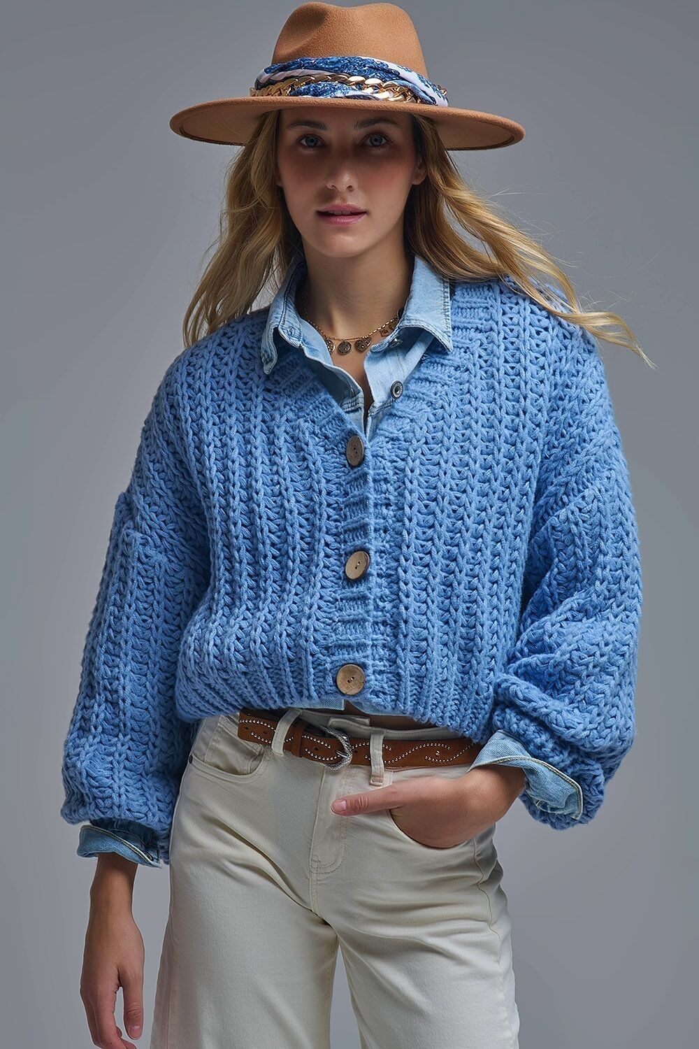 Offener, grob gestrickter Cardigan in Blau