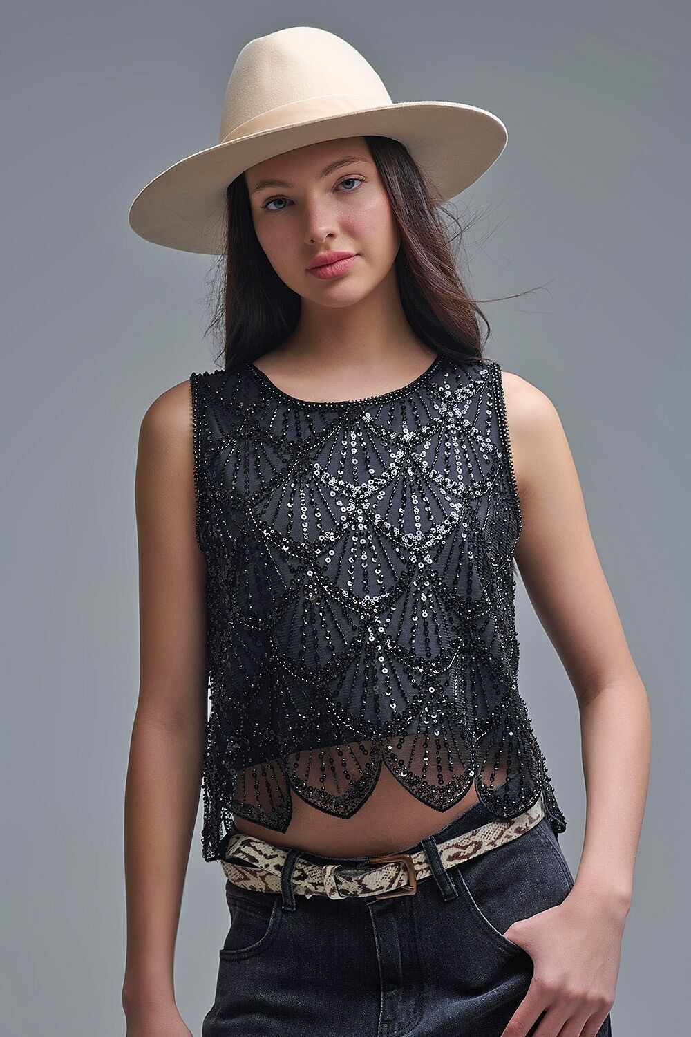 Chic Black Sequin Cropped Top