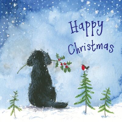 Happy Christmas Dog and Holly Christmas Card Pack (Pack of 5 cards)