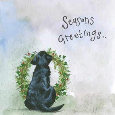 Seasons Greetings Dog and Wreath Christmas Card Pack (Pack of 5 cards)