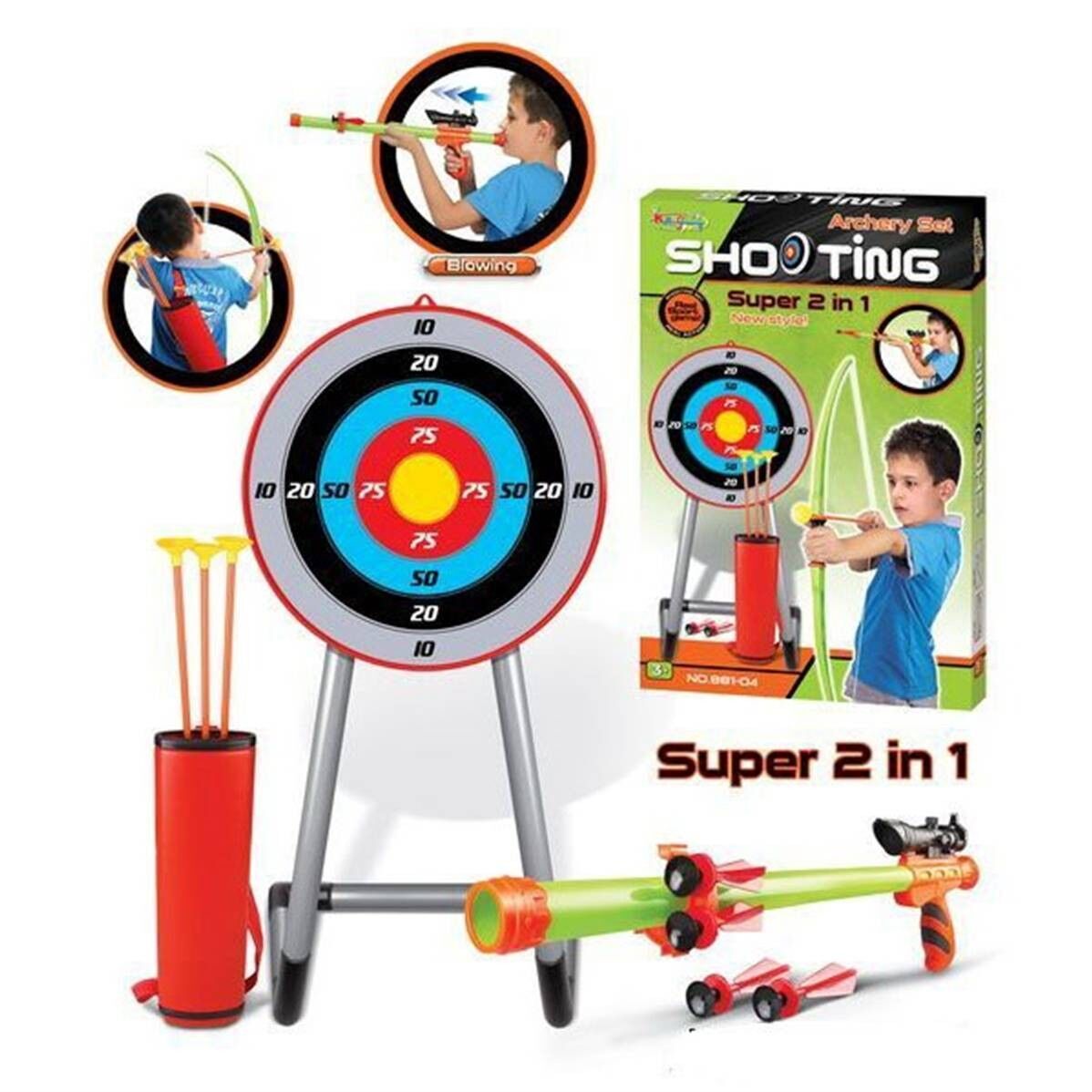 Arco e cerbottana con bersaglio, frecce e faretra