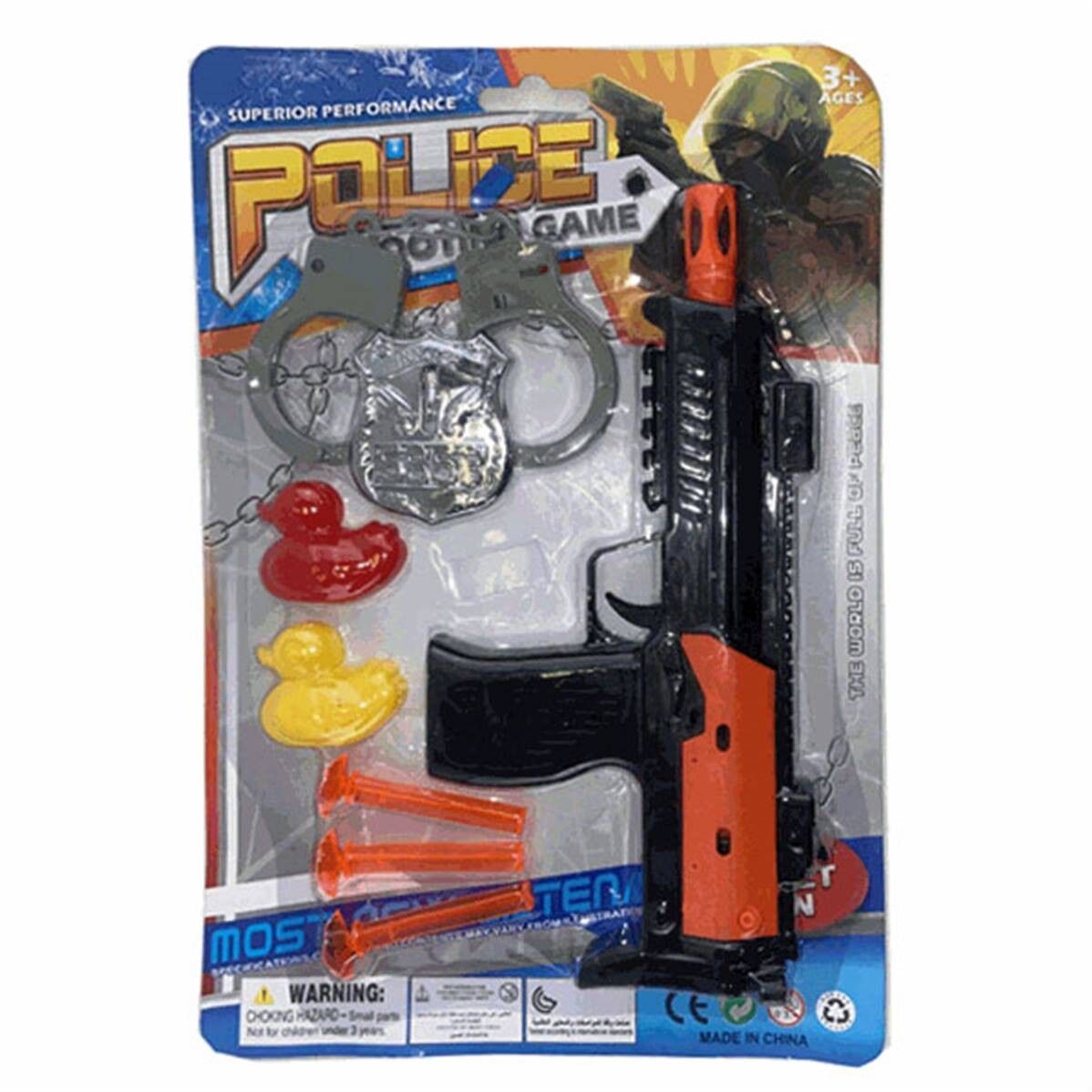 Blister della polizia con pistola, manette, frecce e anatre, 21 x 31 cm