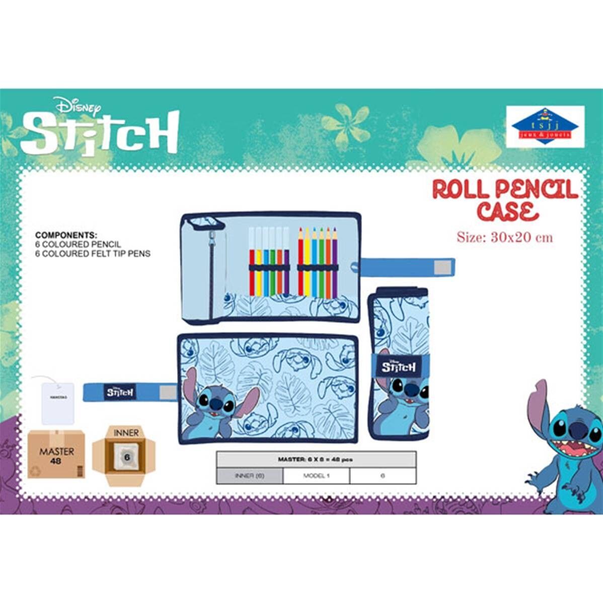 Stitch Blaues Roll-Up-Federmäppchen mit 6 Markern und 6 Bleistiften 30 x 20 cm