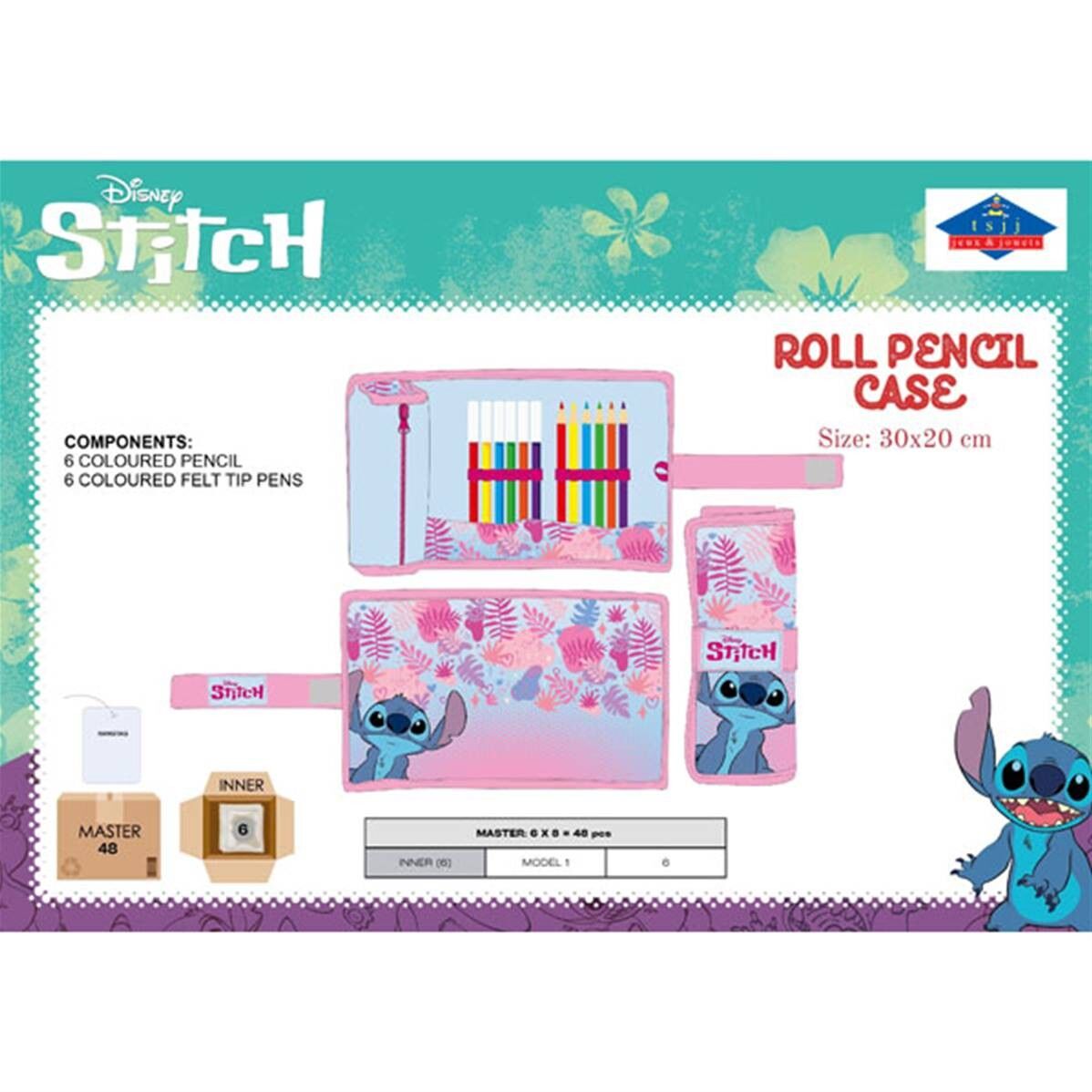 Stitch Pink Roll-Up Federmäppchen mit 6 Markern und 6 Bleistiften 30 x 20 cm