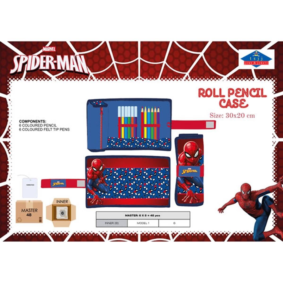 Spiderman-Rollmäppchen mit 6 Filzstiften und 6 Bleistiften, 30 x 20 cm