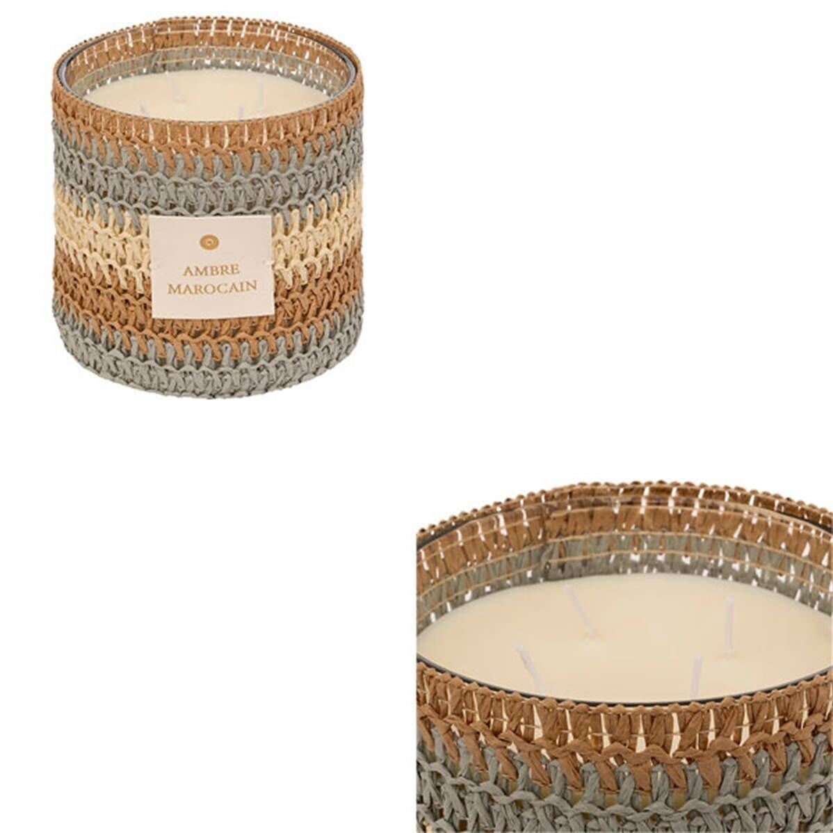 Vela aromática Zaya de 1400 g en frasco de vidrio con fibras naturales color ámbar.