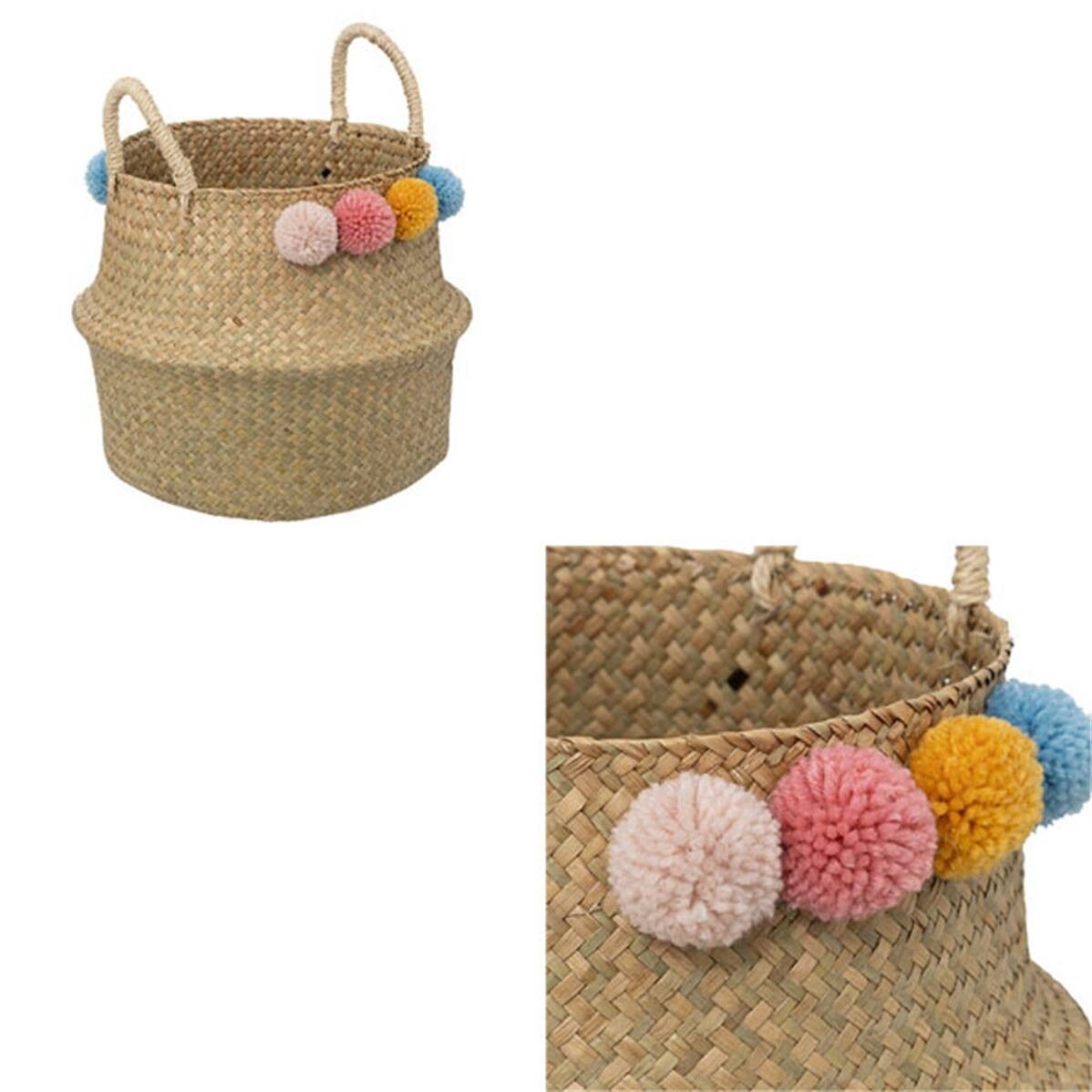 Cesta plegable con borlas, 33 cm de diámetro, de mimbre