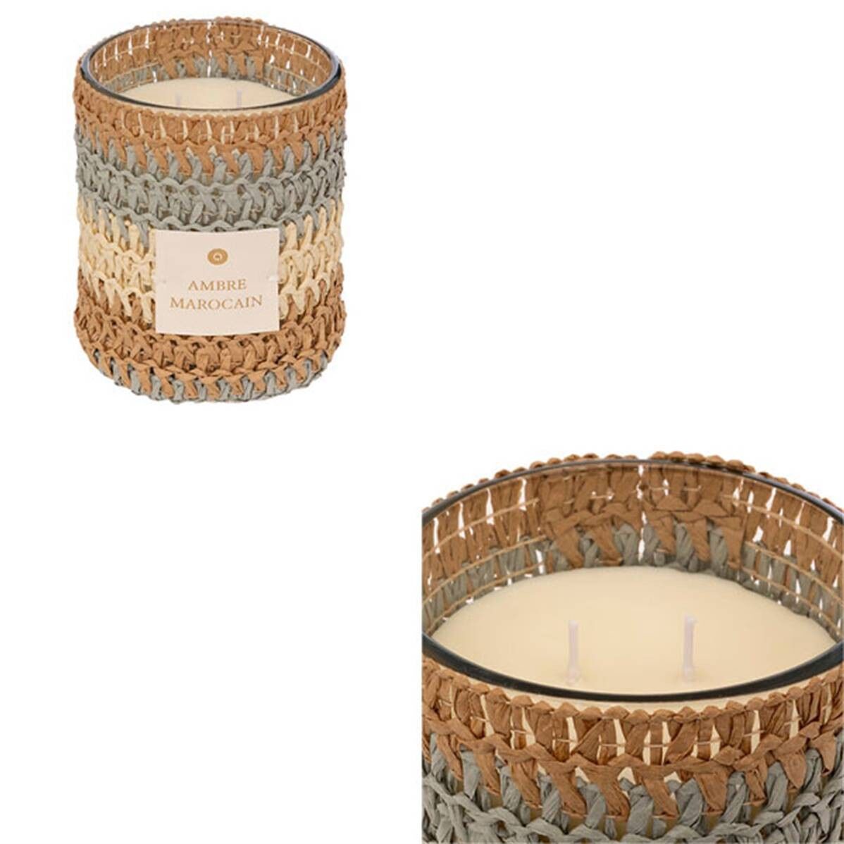 Vela aromática Zaya de 470 g en frasco de vidrio con fibras naturales color ámbar