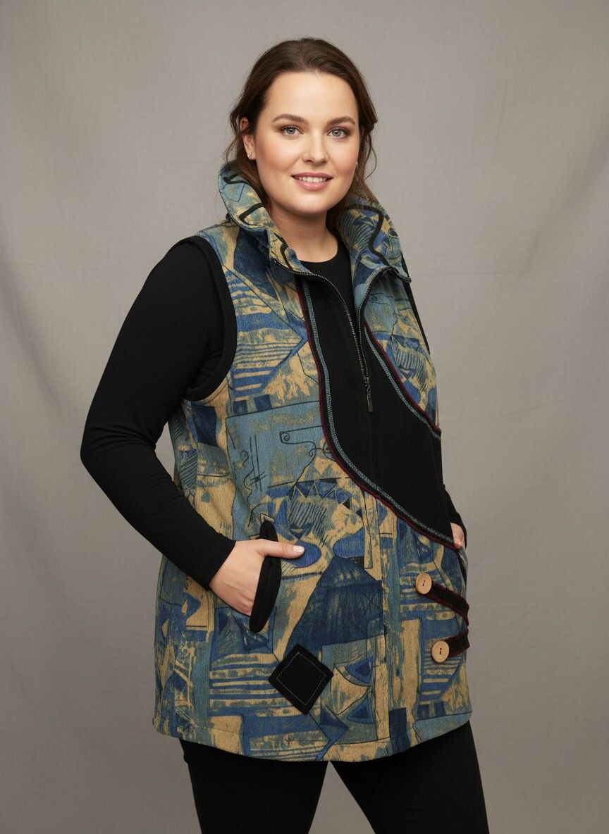 Chaleco sin mangas de pana azul de talla grande (A705)