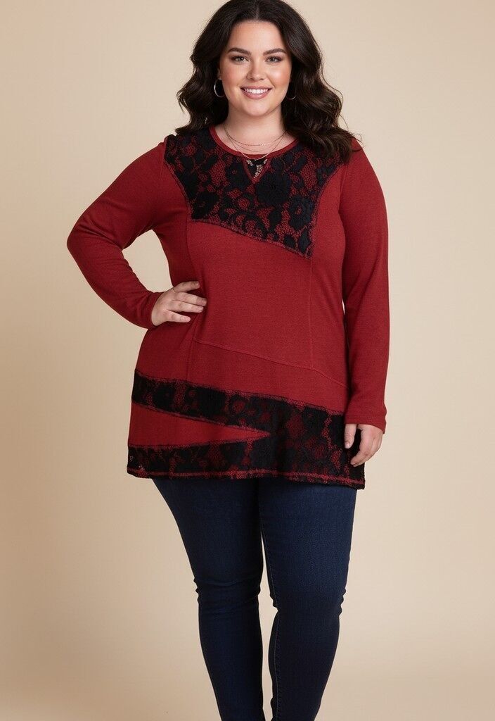 Pull bordeaux grande taille avec dentelle (A729)