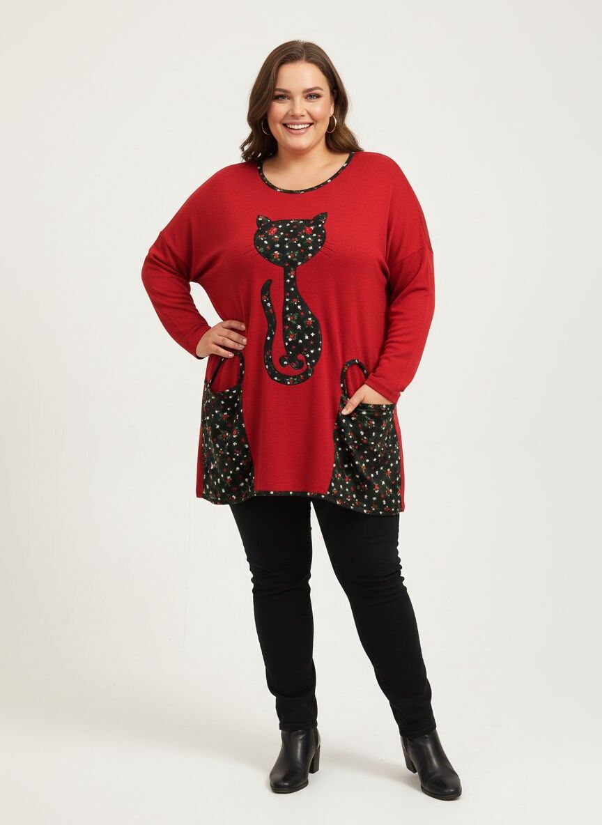 Suéter rojo con estampado de gato de talla grande (A631)