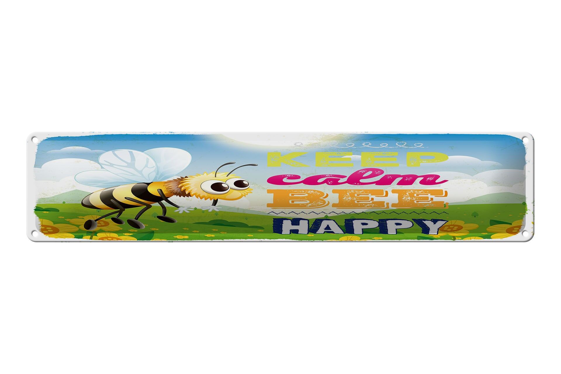 Blechschild Spruch 46x10 cm Keep calm bee happy Biene Wiese Deko Schild