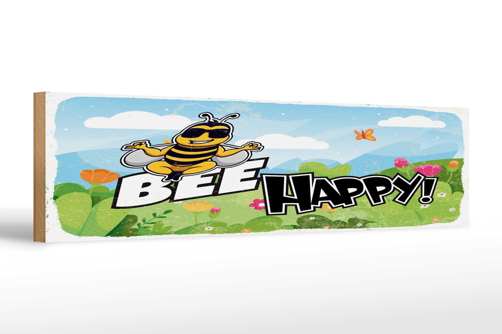 Holzschild Spruch 46x10 cm Bee Happy Biene Wiese Deko Schild