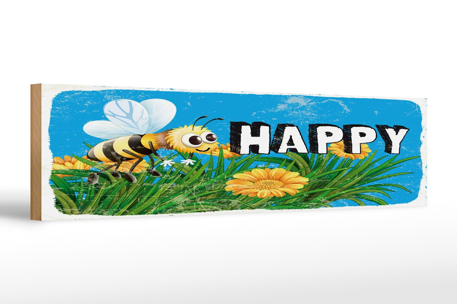 Holzschild Spruch 46x10 cm Happy Biene Blumen Deko Schild