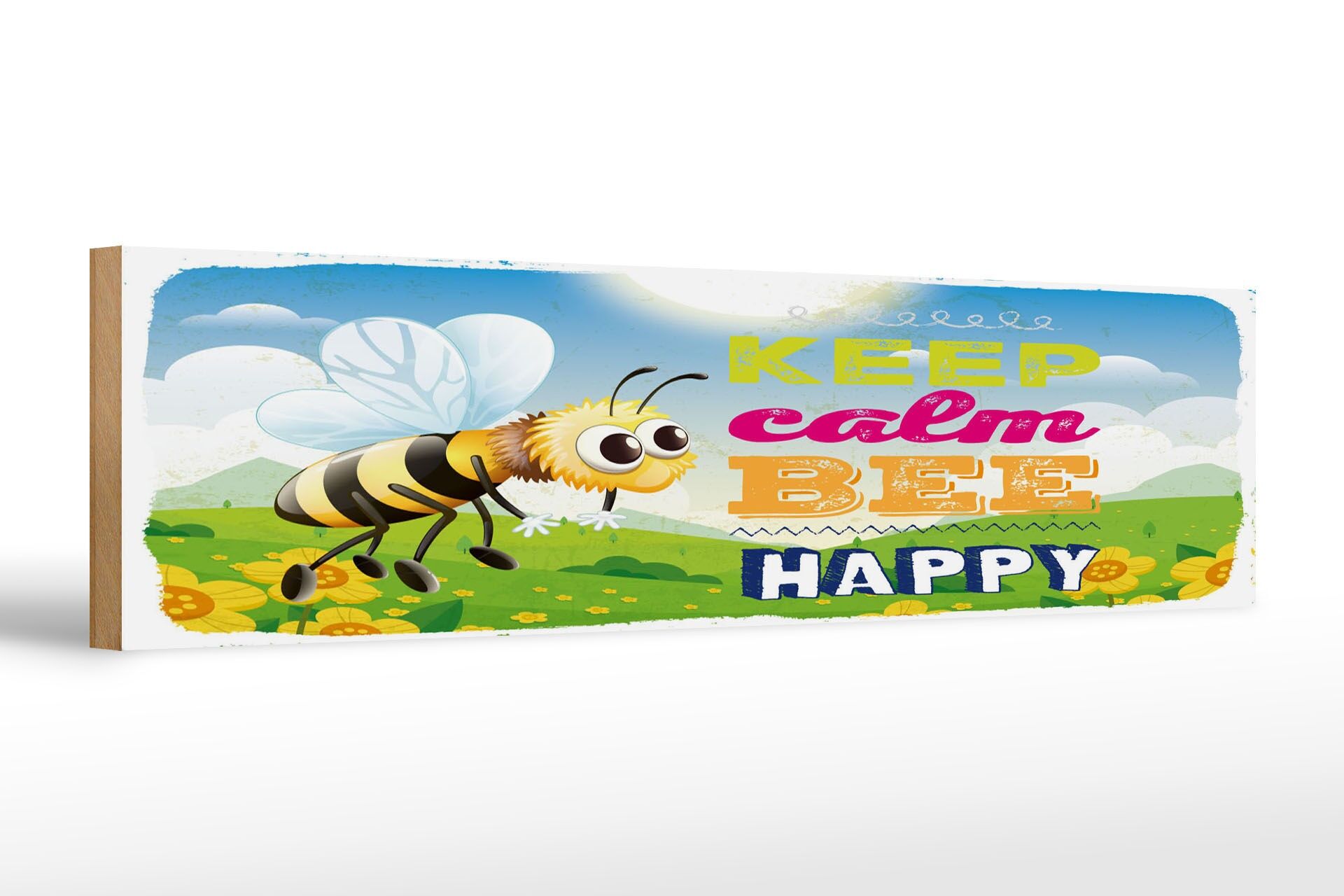 Holzschild Spruch 46x10 cm Keep calm bee happy Biene Wiese Deko Schild