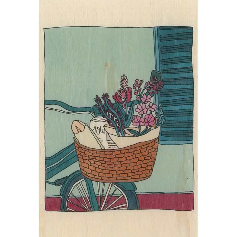 Postkarte aus Holz – Süden, Fahrradkorb