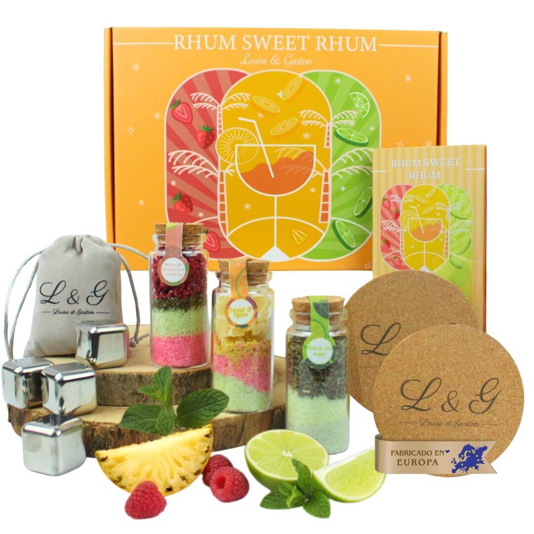 L&G - "Rhum Sweet Rhum" Flavored Rum Gift Set | Homemade Rum Making Kit with Natural Spices | 3 Bottles of Exotic Flavors + Ice Cubes + Coasters | Gift Idea