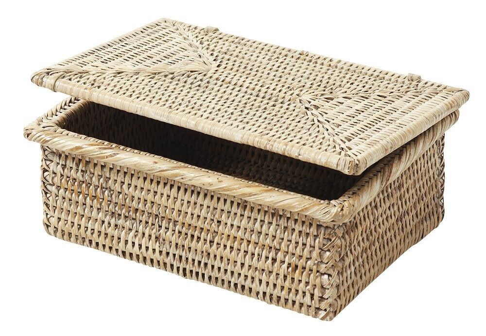 Rechteckige Rattanbox mit Deckel, weiß gekalkte Bonbons