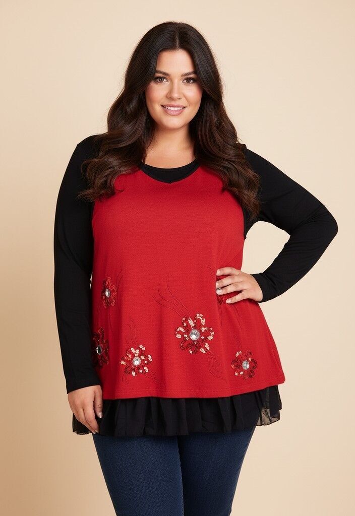 Suéter rojo con bufanda a juego talla grande (A632)