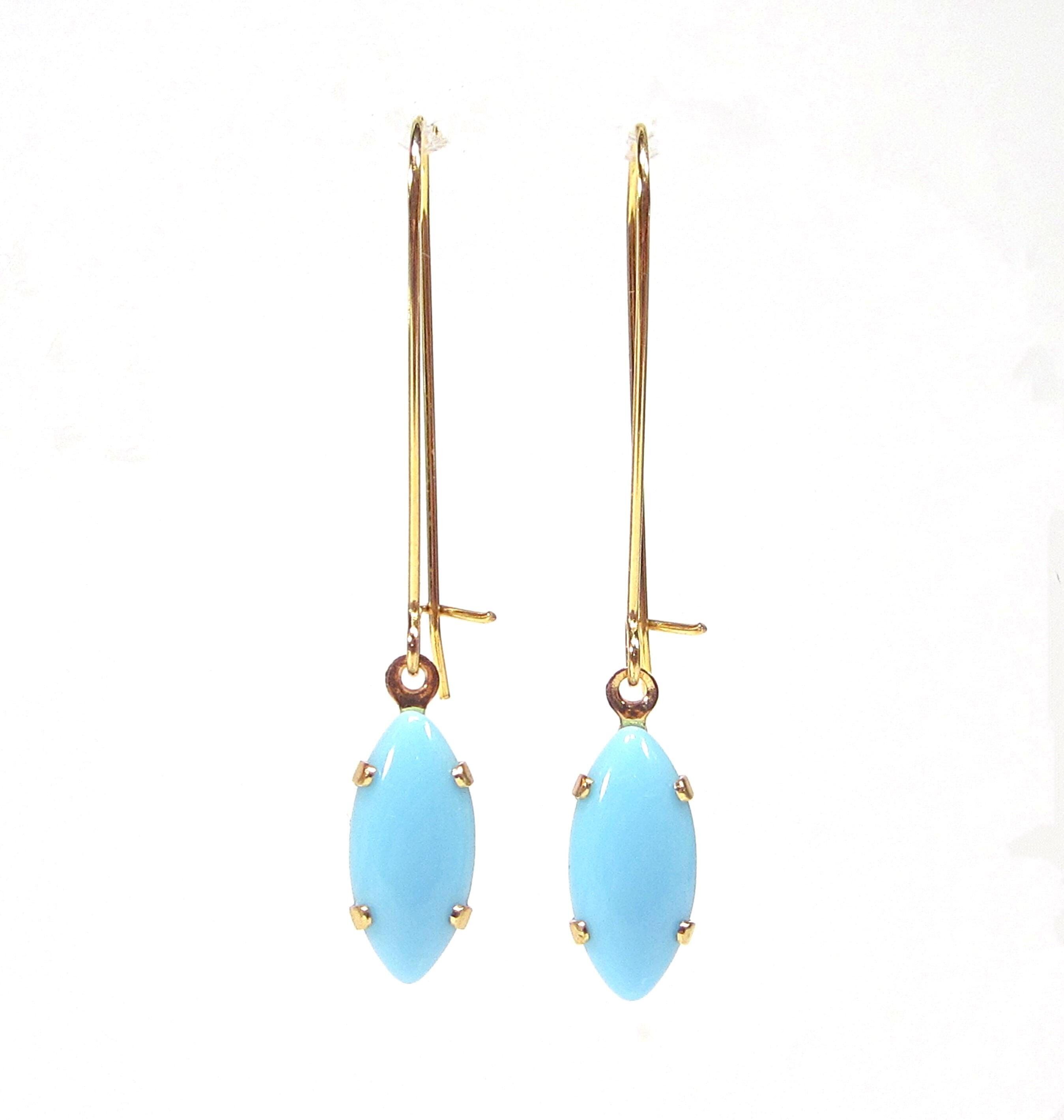 Elegante Hell Blaue Ohrringe gold lange Ohrhänger handgemachtes Glas 60er Jahre vintage