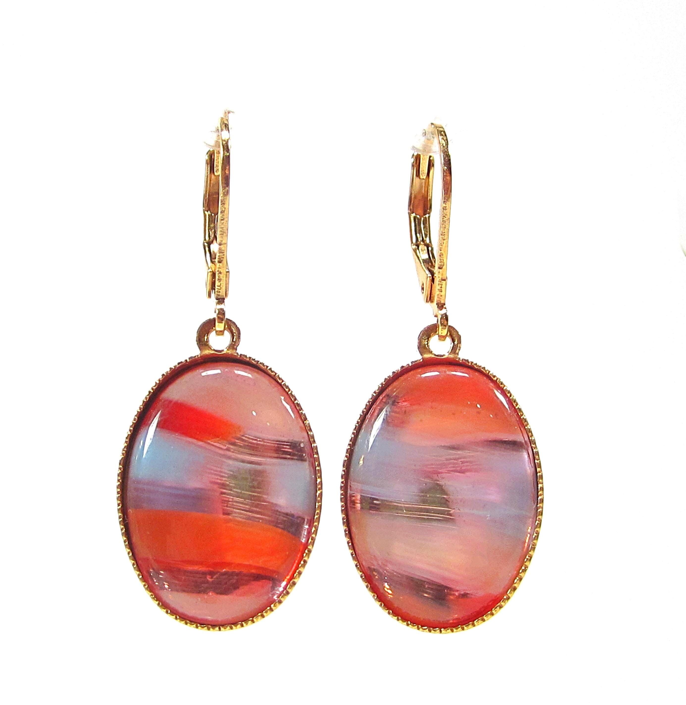 Einzigartige Gold Ohrhänger bunte Ohrringe oval bohemia vintage Glas blau rot orange Streifen gold 1960s echt vergoldet handmade in cologne