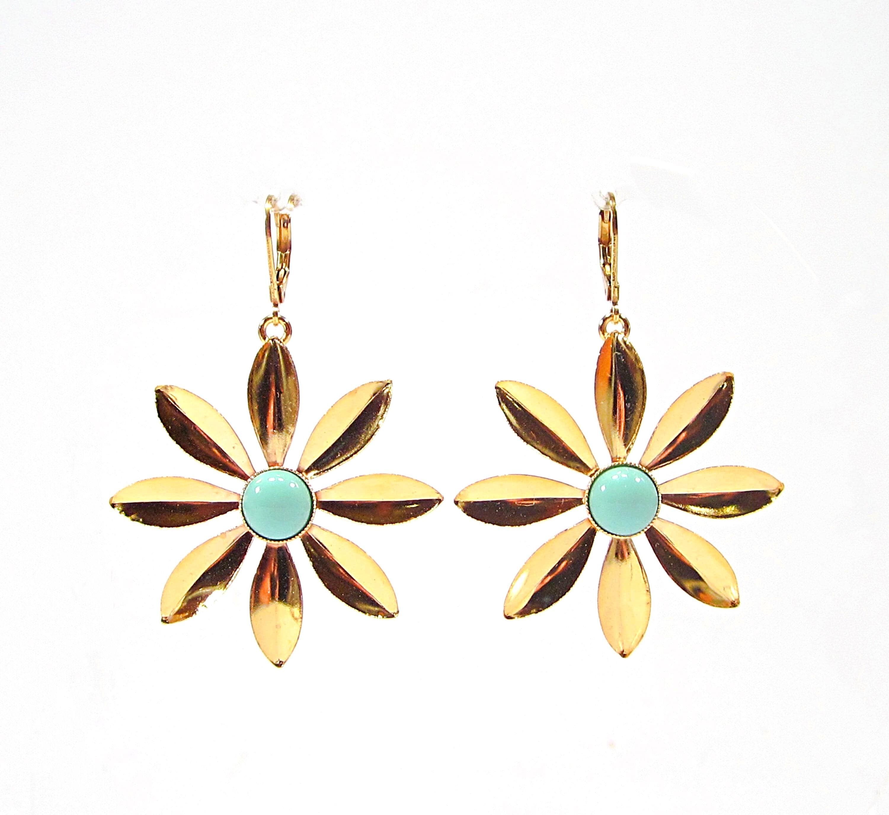 Flower Power riesen gold Blumen Ohrhänger blau türkis Ohrringe vintage Blüte mit handgemachten Glassteinen aus 1960 vergoldet handmade