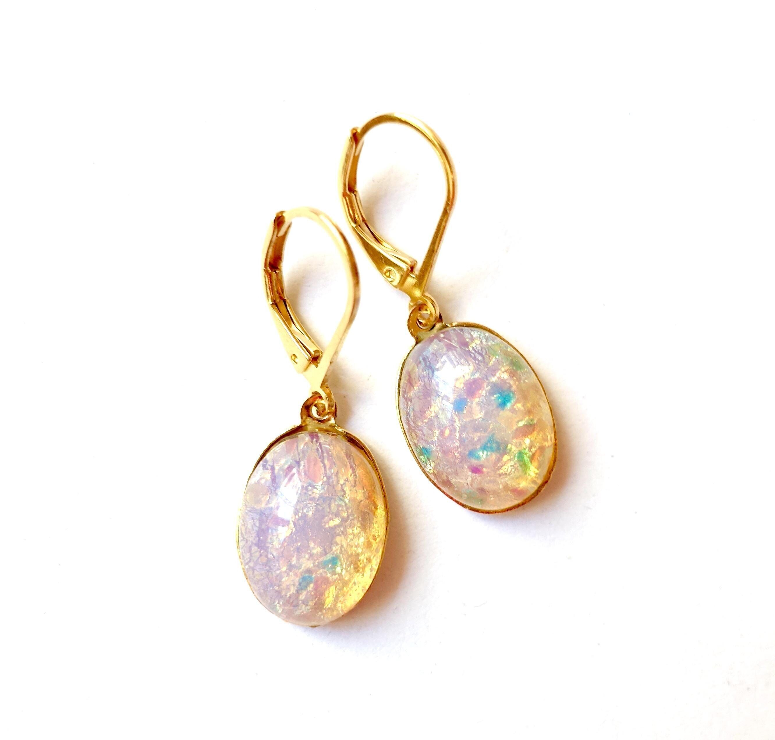 Feueropal Gold Ohrhänger Ohrringe oval bohemia vintage Glas Opal gold 1960s echt vergoldet handmade in cologne