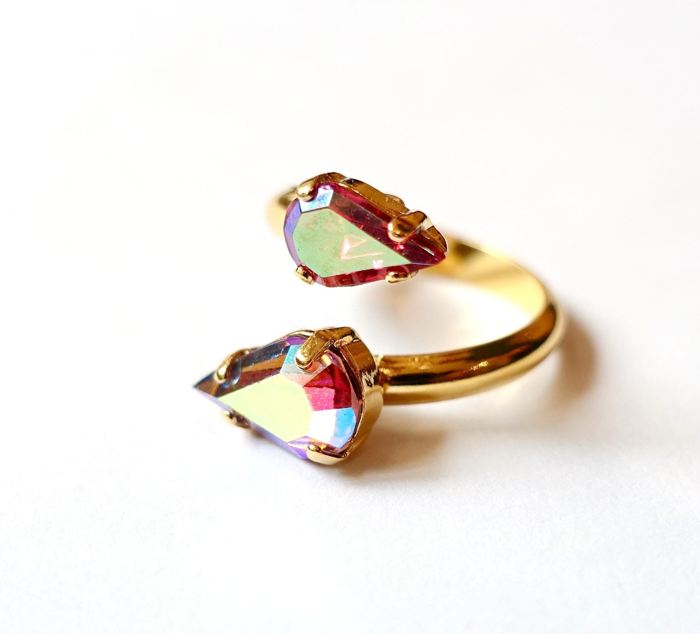 Cooler doppelring Tropfen Ring Topas Gold changierend vintage Glas tropfen 70er Jahre Gold strasssteine hergestellt in Deutschland