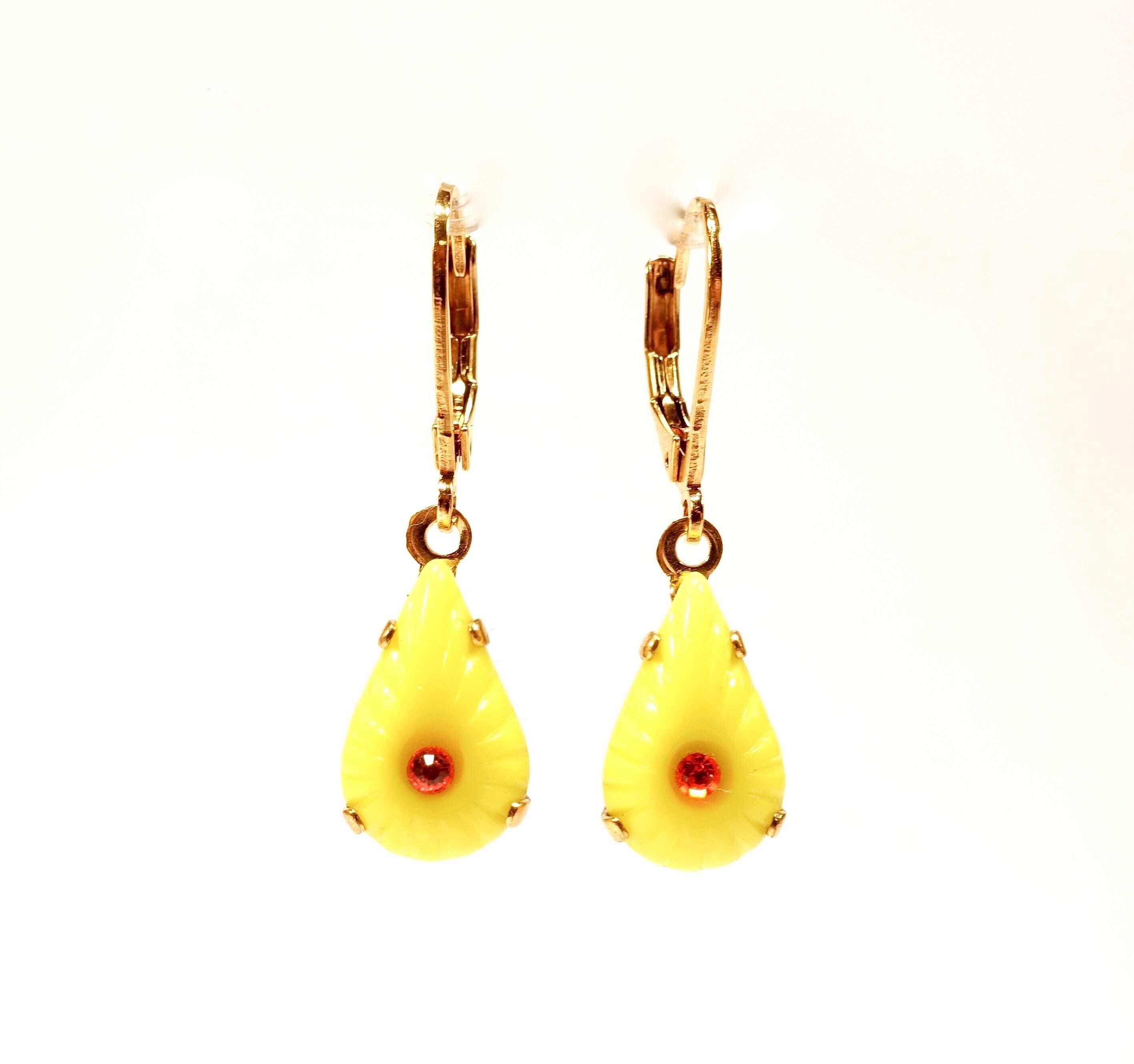 Süße Gelb Gold Sommer Ohrringe vintage Glas tropfen 60er Jahre rot strasssteine hergestellt in Deutschland