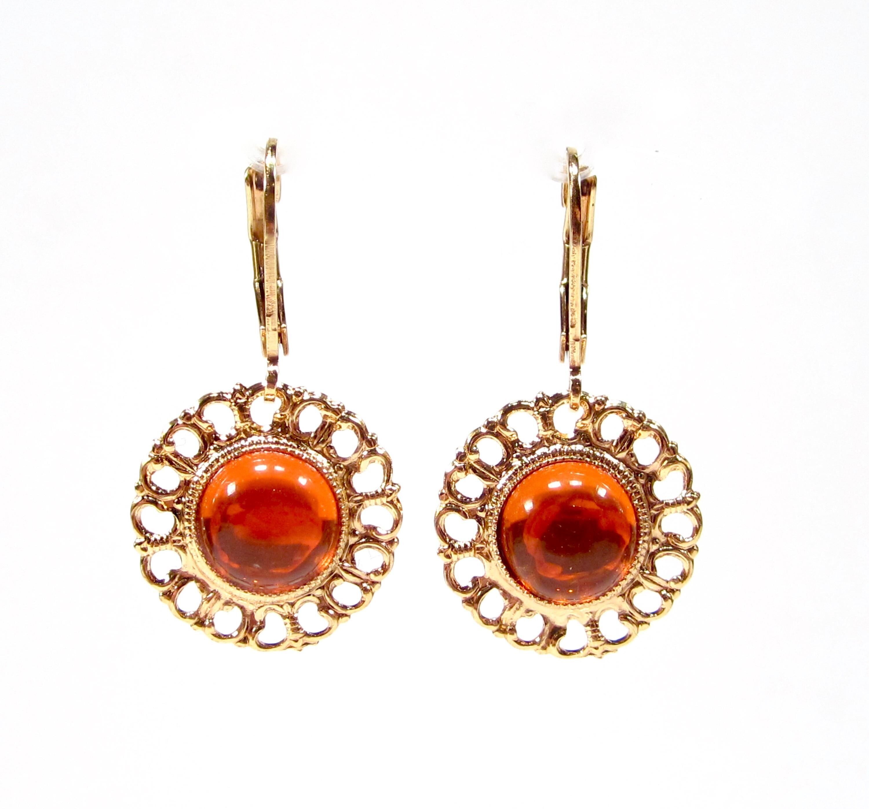 Vintage Glas Ohrhänger Gold Orange Opal filigran Ohrringe handgemachtes Glas aus den 1960er Jahren vergoldet handmade in germany