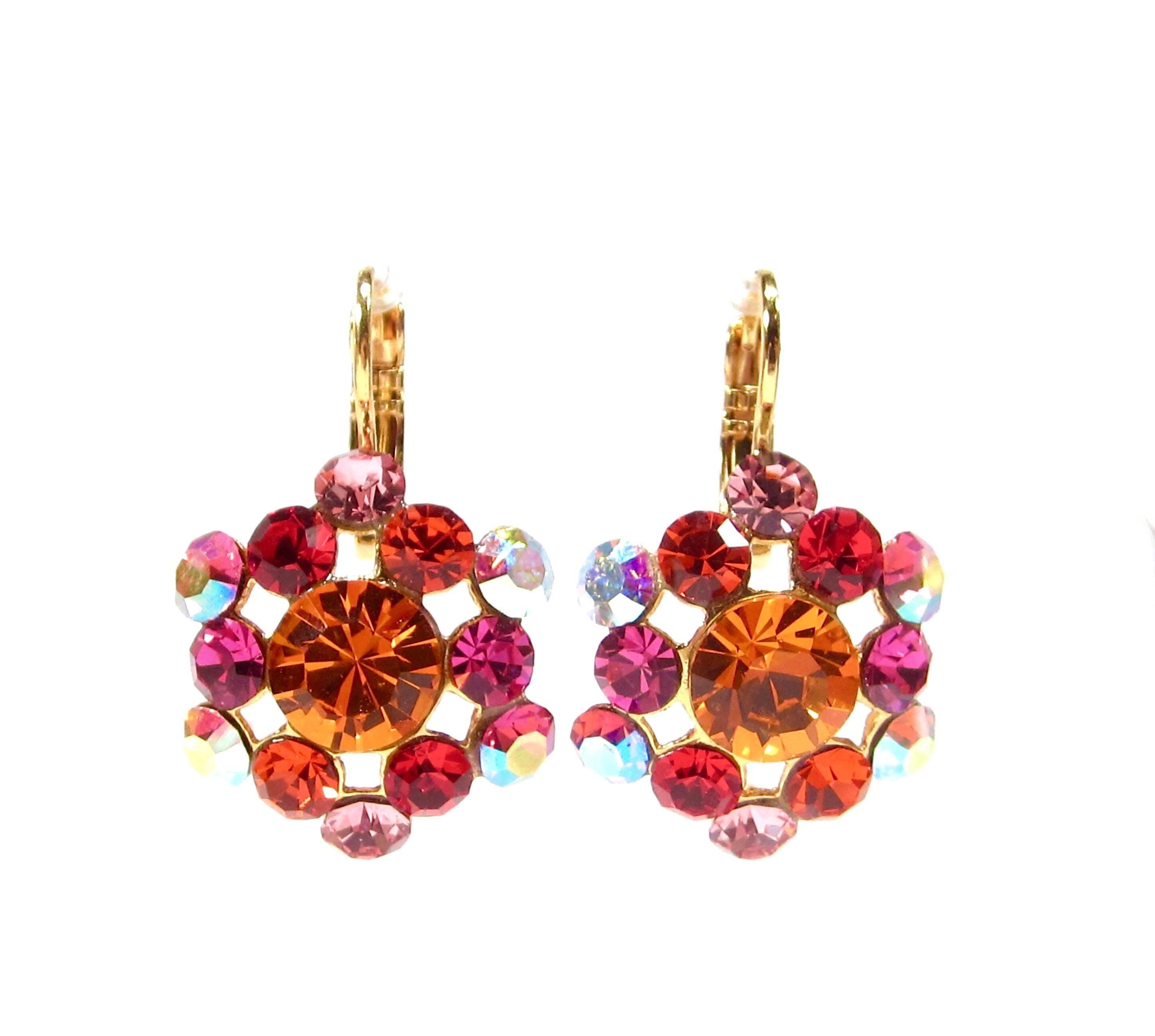 Blümchen Ohrhänger rot pink orange gold geschliffene Kristalle strass Ohrringe Klappbrisur echt vergoldet handmade in cologne