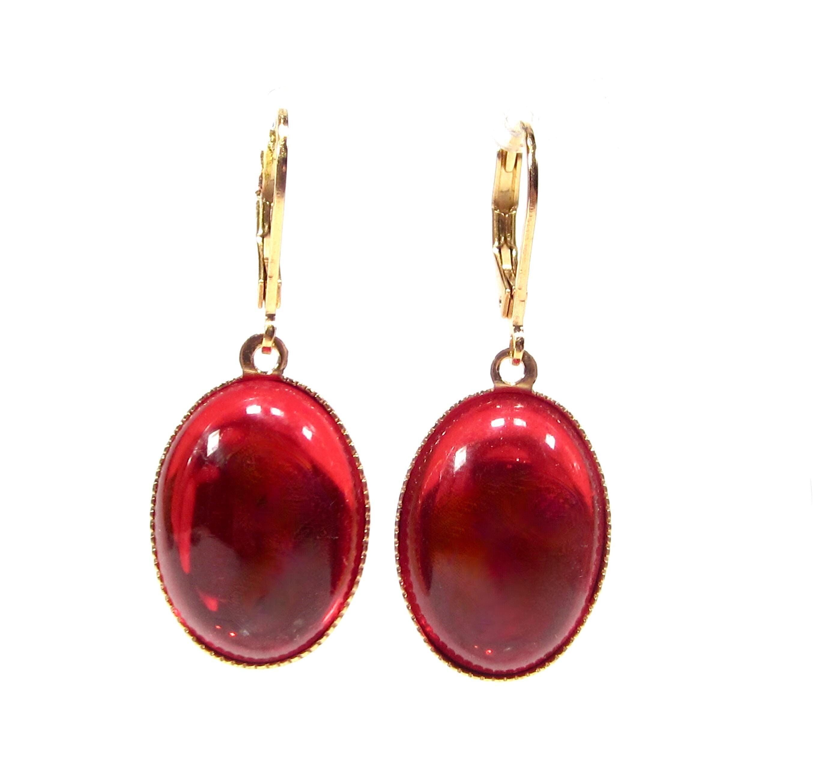 Rot Gold Ohrhänger Oval Ohrringe bohemia vintage Glas rot opal gold 1960s echt vergoldet handmade in cologne