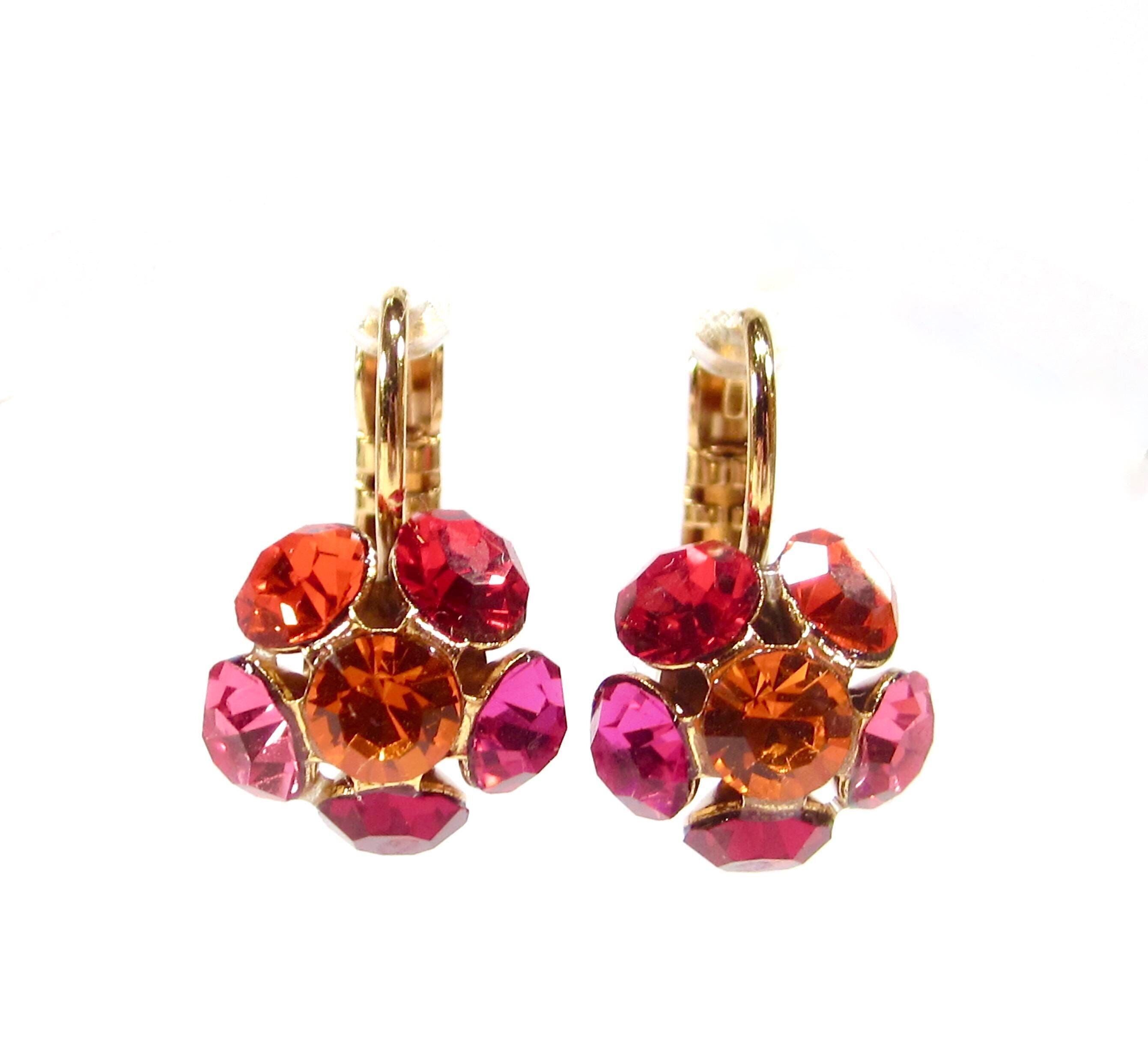 Süße strass Blümchen Ohrhänger Pink Orange Rot Ohrringe Gold geschliffene Kristalle  strass Klappbrisur handmade in cologne germany