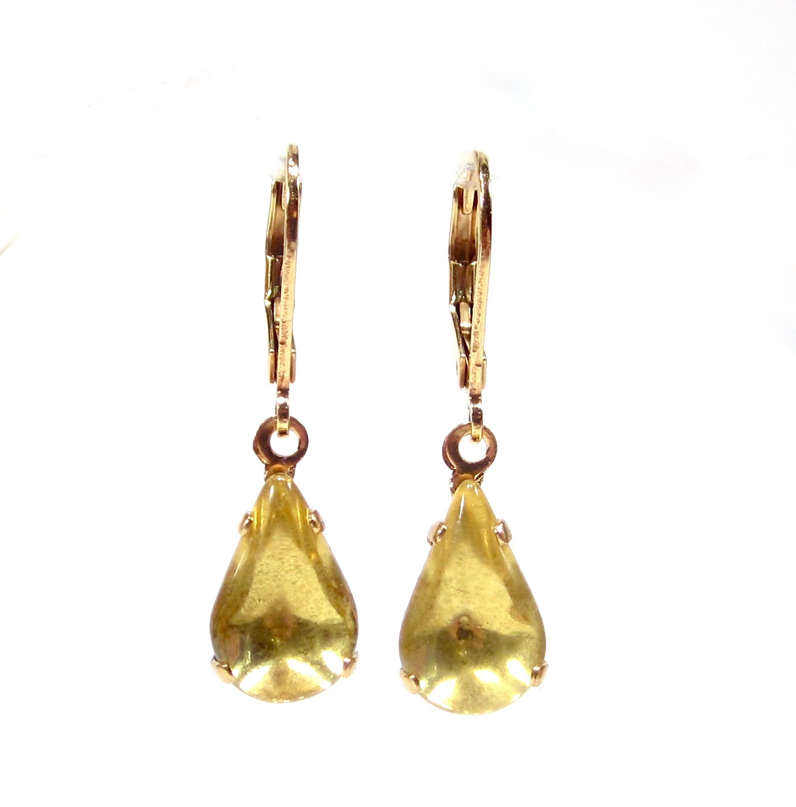 Boucles d'oreilles pendantes en or jaune délicat, opale et citrine, verre vintage, années 1960, fabriquées en Allemagne