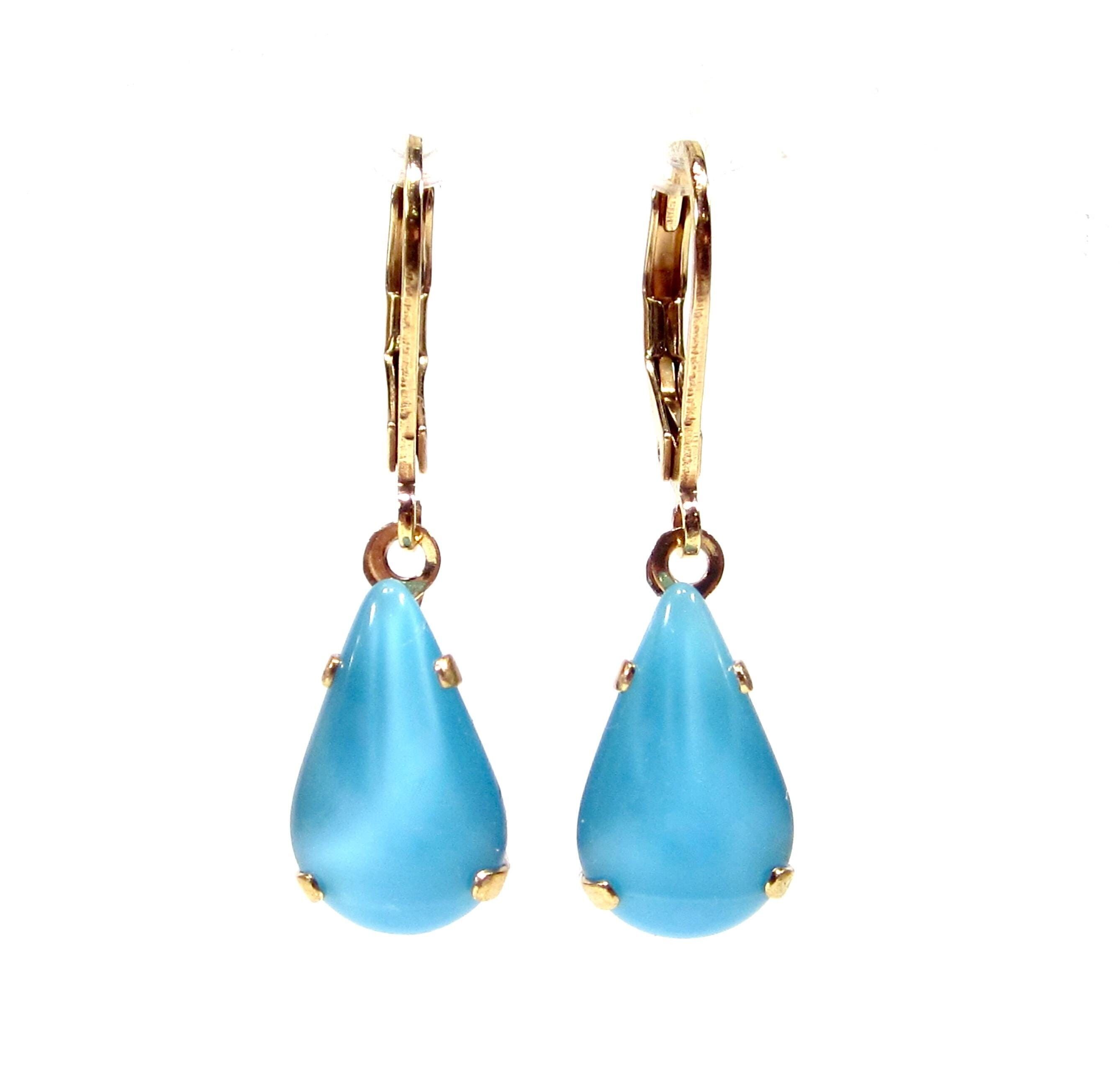 Boucles d'oreilles pendantes en or bleu clair, pendentif en verre bleu vintage, années 1960, fabriquées en Allemagne