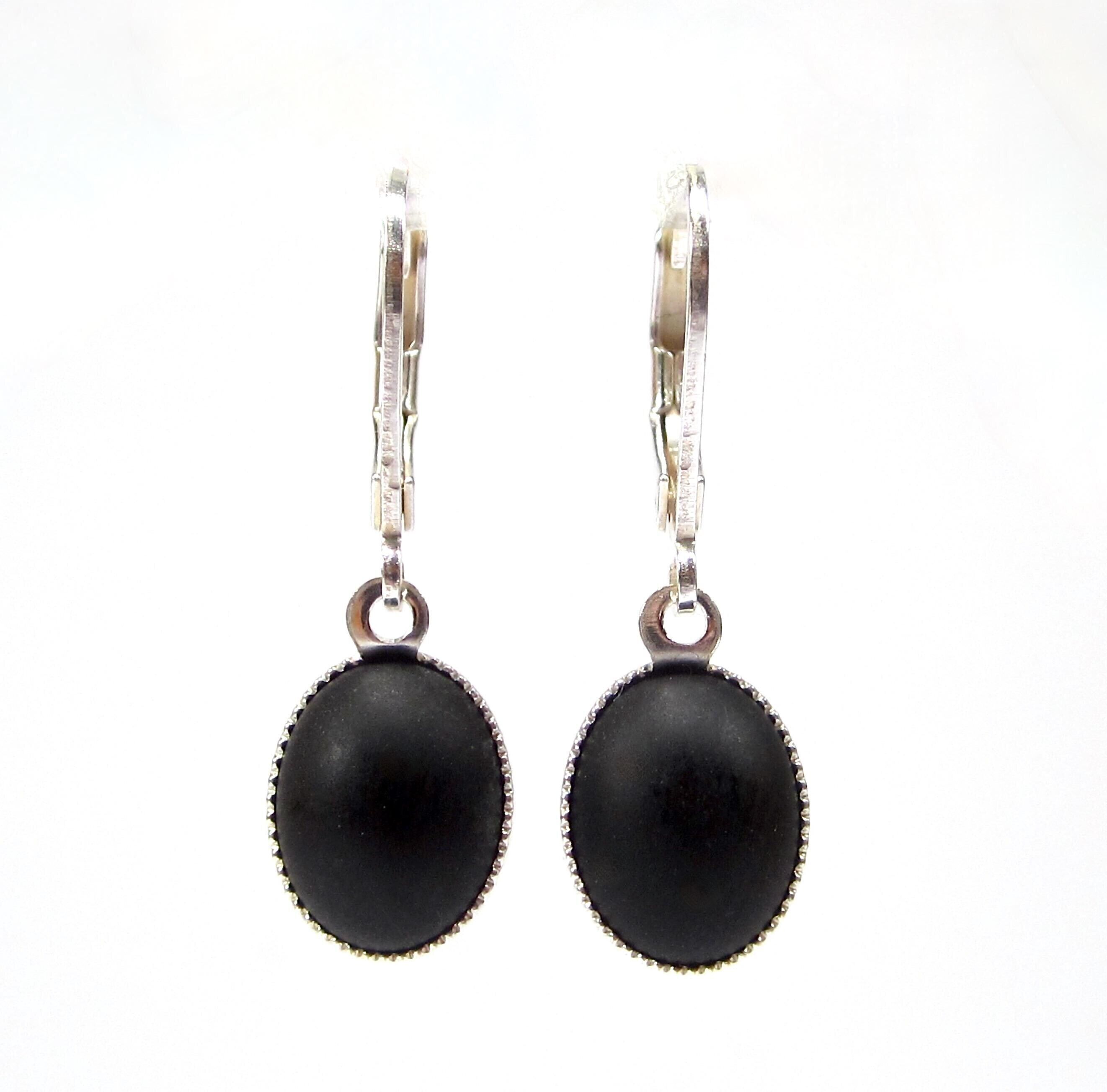 Boucles d'oreilles ovales vintage en argent noir mat, cabochon en verre, style années 1960, fabriquées à la main à Cologne
